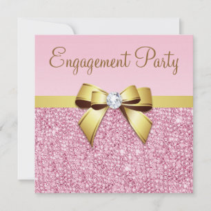 Faux Pink Sequins Gold Bow Engagement Party Kaart