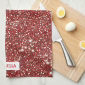 Faux Red Glitter-textuur met aangepaste naam Theedoek (Quarter Fold)