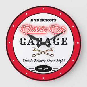 Faux Red Neon Klassieke auto Garage  Grote Klok