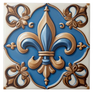 Faux Relief Blauw & Goud Fleur de Lis Tegeltje