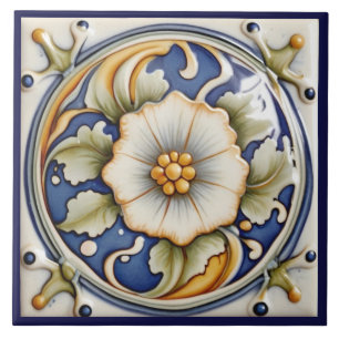 Faux Relief Flower Art Deco Blauw Wit Bloemen Tegeltje