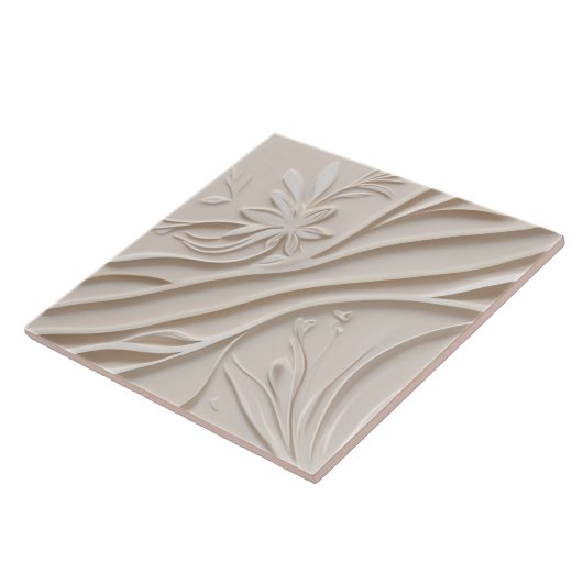 Faux Relief Pastel Beige & Witte Abstracte Bloemen Tegeltje (Zijkant)