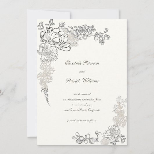 Faux reliëf pioen kalligrafie chique parel bruilof save the date (Voorkant)