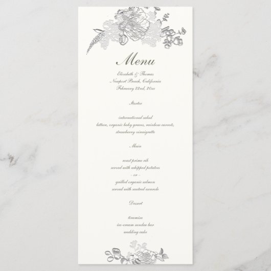 Faux reliëf pioen klassieke formele parel bruiloft menu (Voorkant)