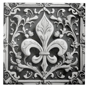 Faux Relief Zwart-wit Fleur de Lis Tegeltje