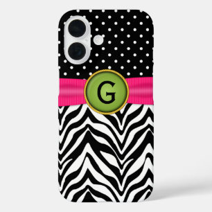Faux Ribbon Jewel Zebra Dot Pattern Monogram iPhone 16 Hoesje