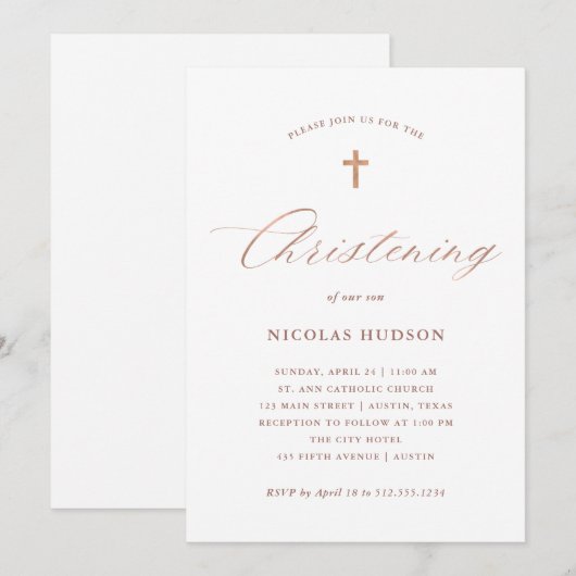 Faux Roos Gold Calligrafie en Cross | Christening Kaart (Voorkant / Achterkant)