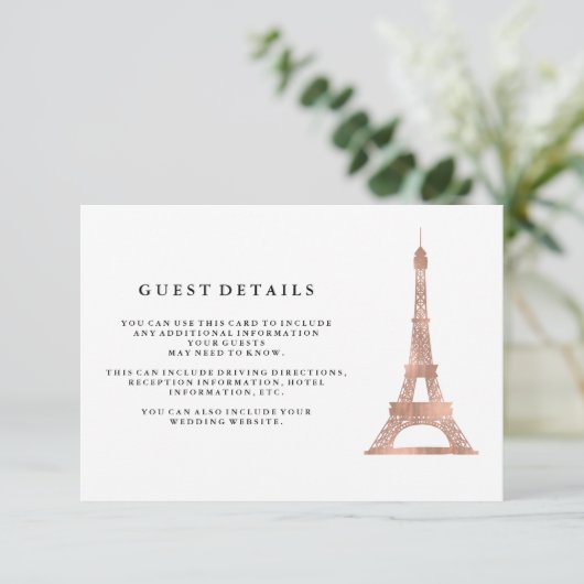 Faux Roos Gold Eiffel Tower Weddenschap Details Informatiekaartje (Staand voorkant)