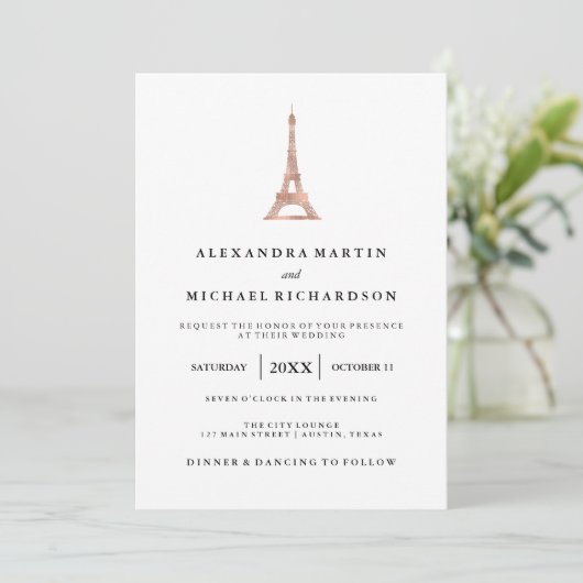 Faux Roos Gold Elegant Eiffel Tower Weddenschap Kaart (Staand voorkant)