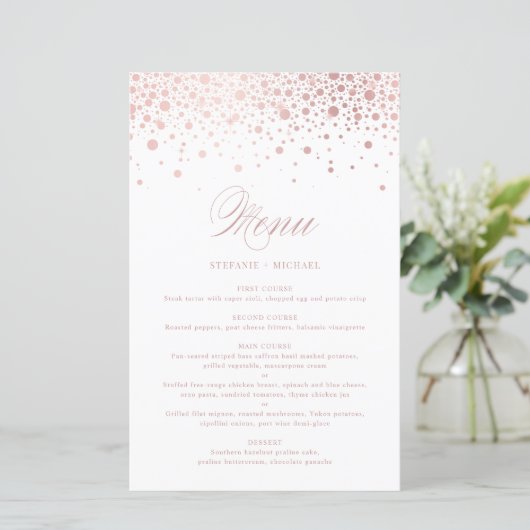 Faux Roos Gold Foil Confetti Wedding Menu Kaart (Staand voorkant)