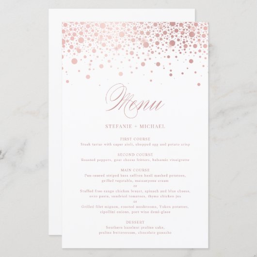 Faux Roos Gold Foil Confetti Wedding Menu Kaart (Voorkant / Achterkant)