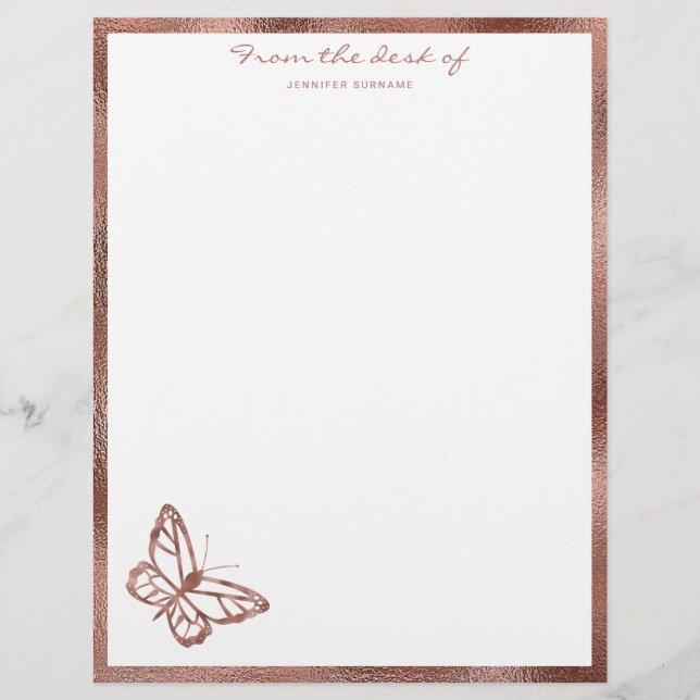 Faux Roos Gold Foil look Butterfly & Custom Text Briefhoofd (Voorkant)