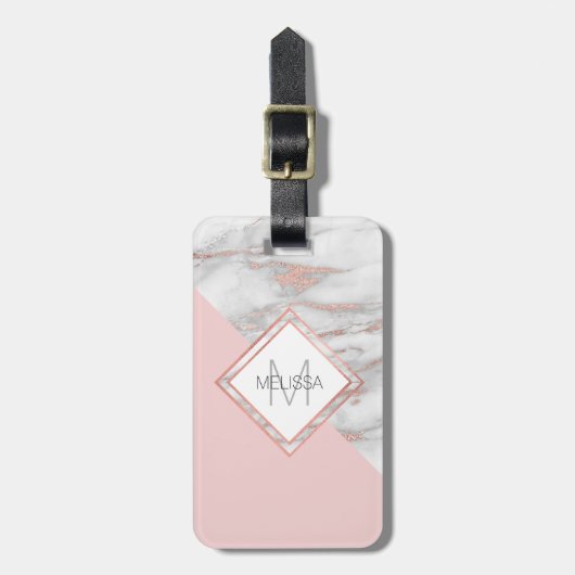 Faux Roos Gold Foil Marble Blush Pink MONOGRAM Bagagelabel (Voorkant verticaal)