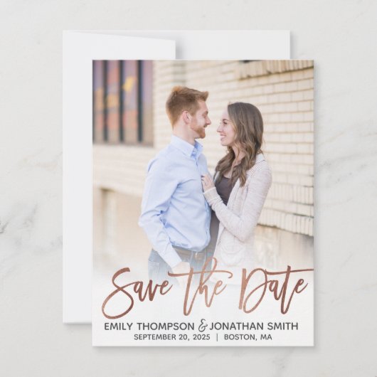 Faux Roos Gold Foil Script Foto Sla de datum op Save The Date (Voorkant)