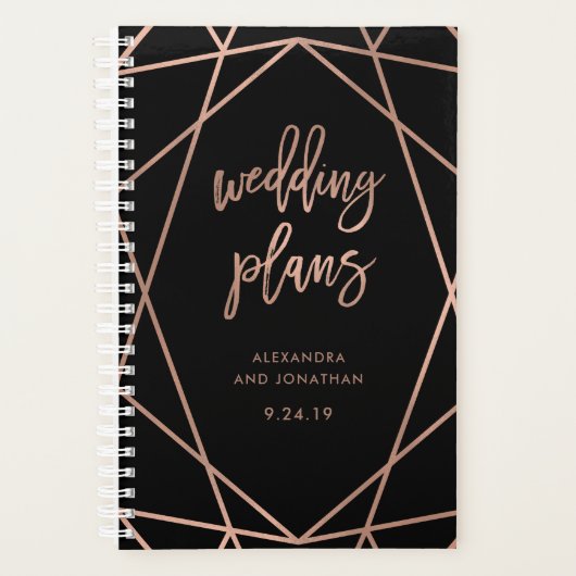 Faux Roos Gold Geometric op Black Wedding Planner (Voorkant)