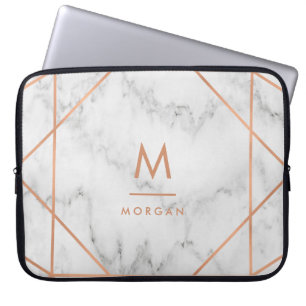 Faux Roos Gold Geometric   Witte marmer Laptop Sleeve
