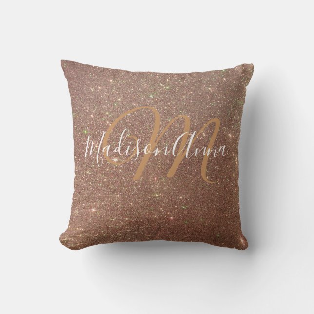Faux Roos Gold Glitter 3 met monogram en naam Kussen (Voorkant)