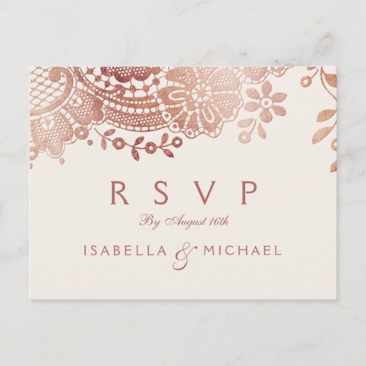 Faux roos goud elegante kant bruiloft RSVP Uitnodiging Briefkaart (Voorkant)