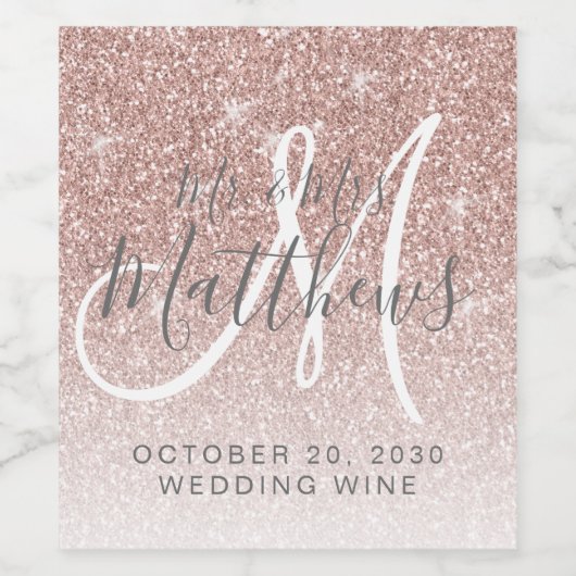 Faux Roos Goud Glitter Blush Roze Monogram Bruilof Wijn Etiket (Enkel label)