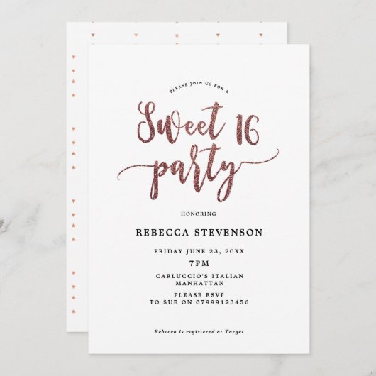 faux roos goud glitter zoet 16 uitnodiging (Voorkant / Achterkant)
