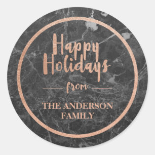 Faux Roos Goud & Zwart Marmer PRETTIGE FEESTDAGEN Ronde Sticker