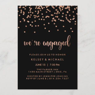 Faux Roos Gouden Confetti op Black Engagement Part Kaart