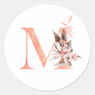 Faux Roos Gouden Folie Letter M Floral Monogram Ronde Sticker