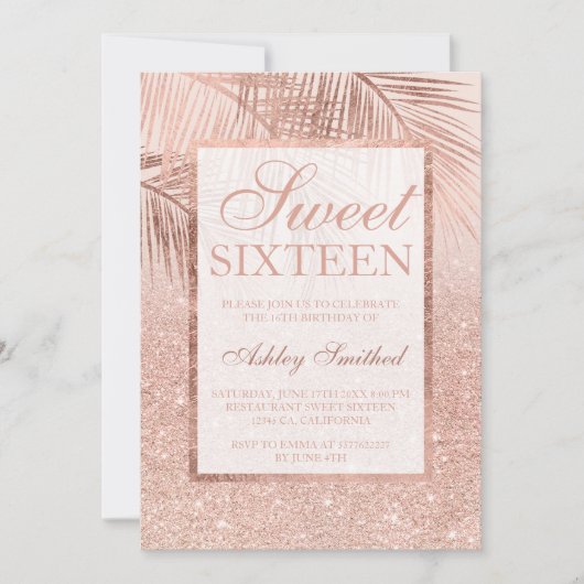 Faux roos gouden glitter palmboom blush Sweet 16 Kaart (Voorkant)