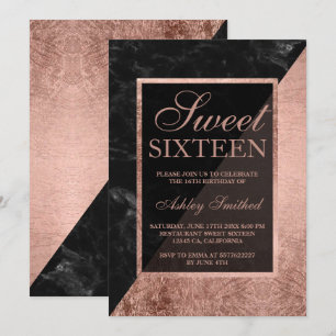 Faux roos gouden zwarte marmer kleurblok Sweet 16 Kaart