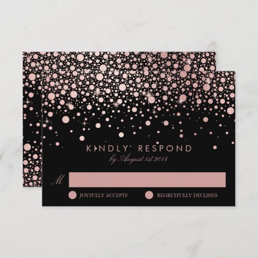 Faux Rose Gold Confetti Dots Noir Mariage RSVP (Devant / Derrière)