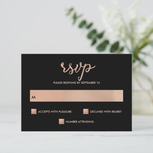 Faux Rose Gold et Noir Bokeh Coeur Mariage RSVP (Debout devant)