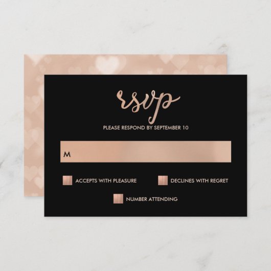 Faux Rose Gold et Noir Bokeh Coeur Mariage RSVP (Devant / Derrière)