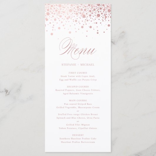 Faux Rose Gold Foil Confetti Elégant Menu Mariage (Devant)