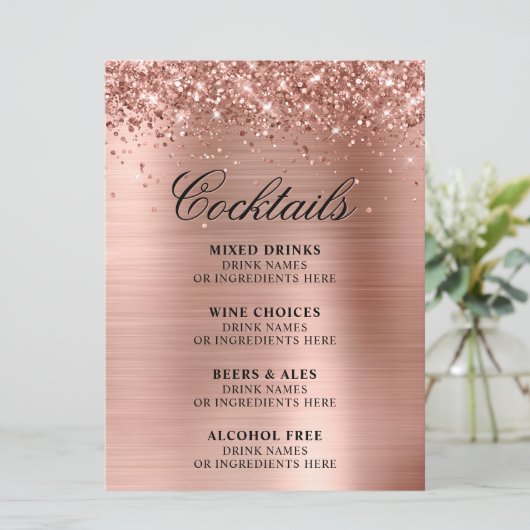 Faux Rose Gold Glitter and Foil Cocktails Bar Menu (Staand voorkant)