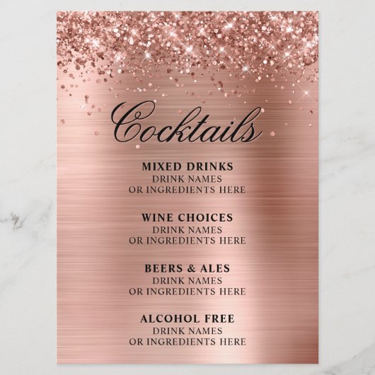Faux Rose Gold Glitter and Foil Cocktails Bar Menu (Voorkant)