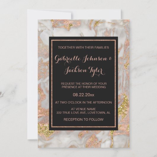 Faux Rose Gold Marbre Invitations de mariage (Devant)