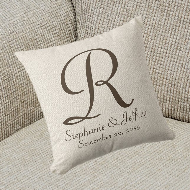 Faux Rustic Burlap Monogram en Names Pillow Kussen (Creator heeft geüpload)