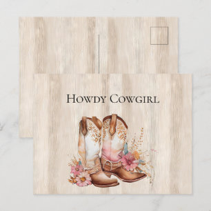 Faux rustieke crème hout roze roos cowgirl laarzen briefkaart