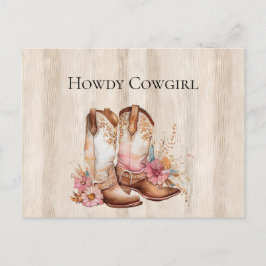 Faux rustieke crème hout roze roos cowgirl laarzen briefkaart