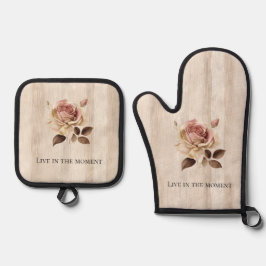 Faux rustieke crème roze rozenhout ovenwant & pannenlap set