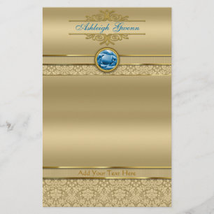 Faux Sapphire Blue Gemstone Metallic Gold Damask Briefpapier