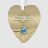 Faux Sapphire Blue Gemstone Metallic Gold Damask Ornament (voorkant)