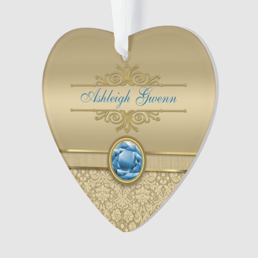 Faux Sapphire Blue Gemstone Metallic Gold Damask Ornament (voorkant)