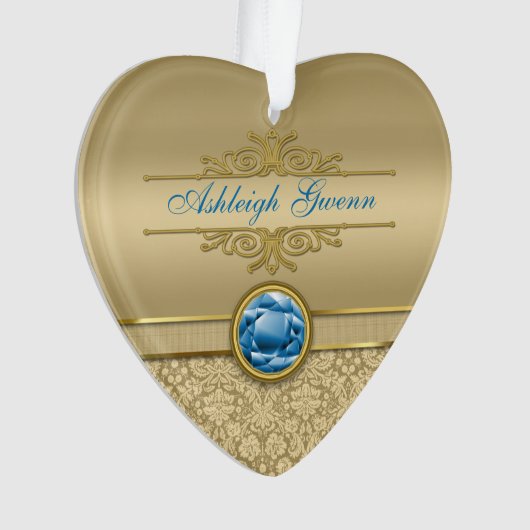 Faux Sapphire Blue Gemstone Metallic Gold Damask Ornament (voorkant)