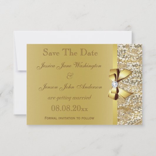 Faux sequins dorés et nœud mariage save the date (Dos)