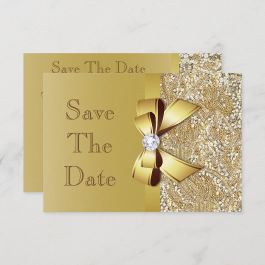 Faux sequins dorés et nœud mariage save the date (Devant / Derrière)