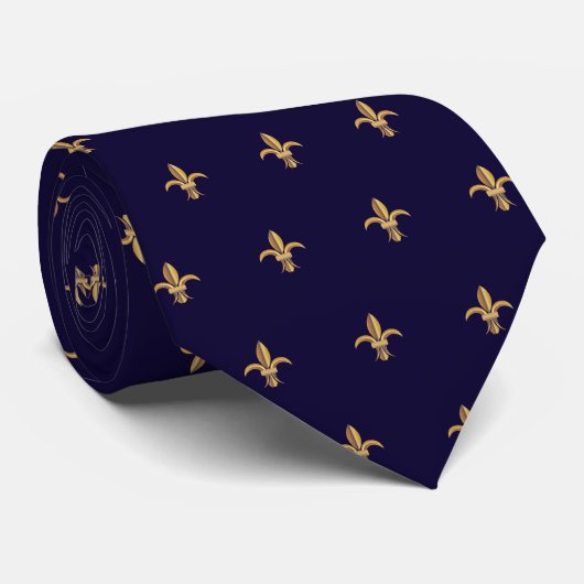 Faux Silk Blue Gold Fleur de Lis Cravate de luxe (Roulé)