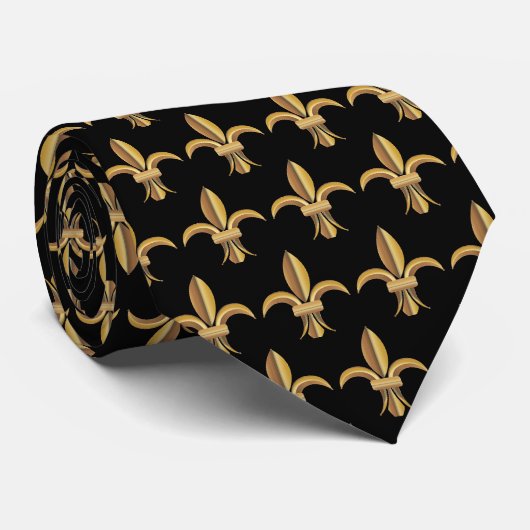 Faux Silk Zwart Goud Fleur de Lis Luxe Stropdas (Opgerold)