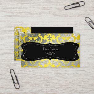 Faux Silver Baroque damask yellow/black Visitekaartje
