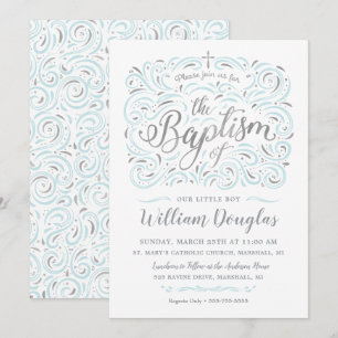 Faux Silver Boy Baptism Invitation Kaart